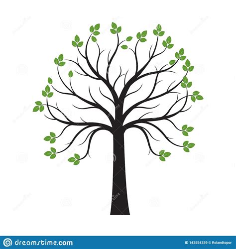 Black Tree With Green Leaves On White Background. Vector Illustration
