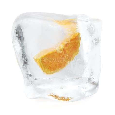 Slice Orange Frozen In Ice Cube Ice Cube In Front View Single Ice