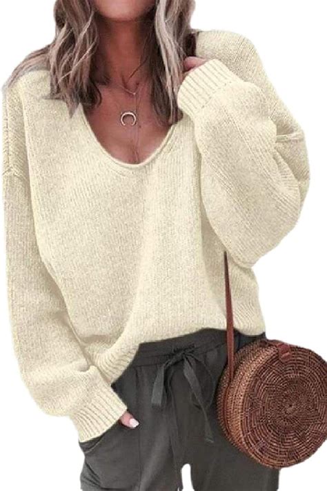 womens relaxed fit autumn winter knit solid v neck pullover sweaters amazon de bekleidung
