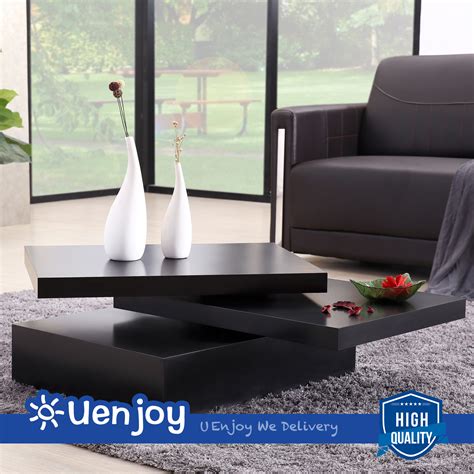 Uenjoy Black Square Coffee Table Rotating Contemporary Modern Living Room Furniture