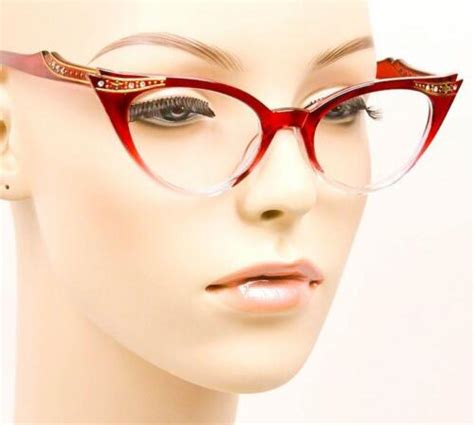 Womens Cat Eye Thin Half Clear Ombre Frames Crystals Sexy Gold Pinup