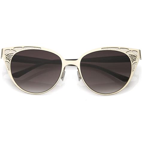 Sunglass La Retro Cat Eye Sunglasses Perforated Metal Oval Neutral Color Flat Lens 54mm Gold