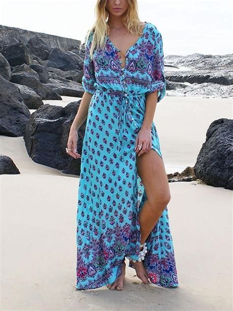 Pretty Bohemia Floral V Neck Half Sleeve Front Split Maxi Dress Maxi