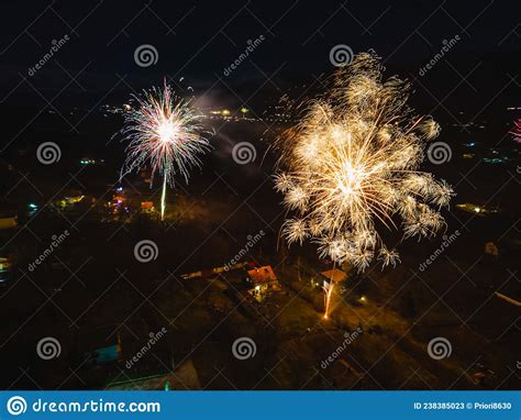 Aerial View Of Firework In The Mountains At The End Of Winter Season