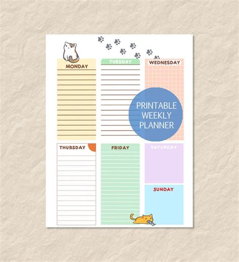 Printable Cute Cat Weekly Planner Cute Cat Week Planner Cute Etsy