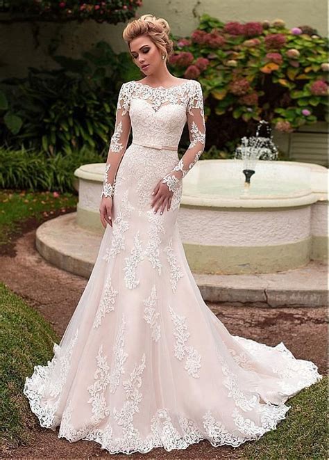 Bateau Neckline Tulle Mermaid Wedding Dress With Lace Appliques And Belt Wedding Dress Sleeves