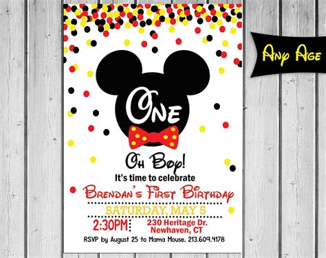 Mickey Mouse Confetti Invite Boy Birthday Invite Disney Birthday Invite First birt… | Mickey 