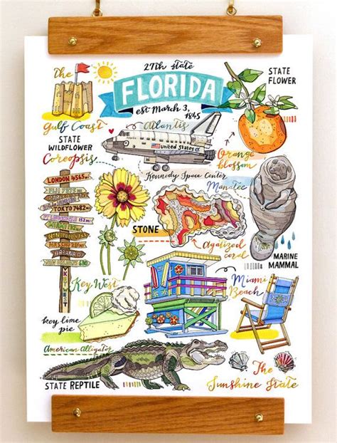 Florida Print State Symbols Illustration State Art Key Westmiami
