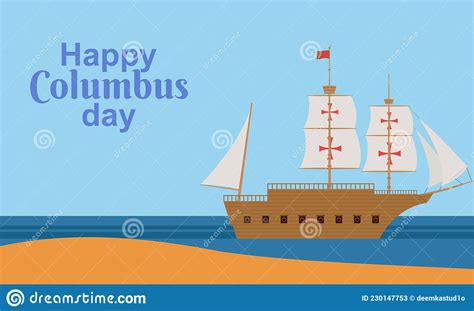 Happy Columbus Day Celebration With Sailboat And Ocean Scene Stock