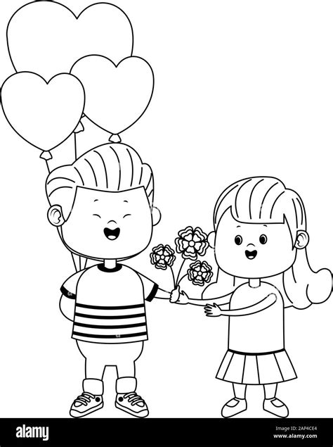 Happy Boy Giving Flowers And Heart Balloons A Girl Flat Design Stock
