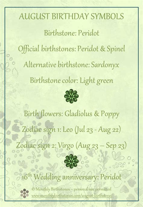 August Birthstone Color And Flower And More August Birthday Symbols