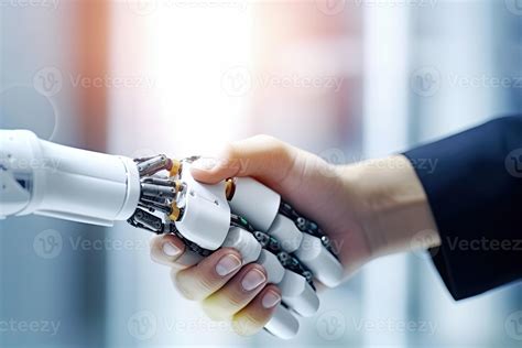 Woman And Robot Shake Hands Technology Meets Humanity Generative Ai