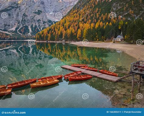 Boats On The Lago Di Braies Lake In Dolomites At Sunrise Italy Stock