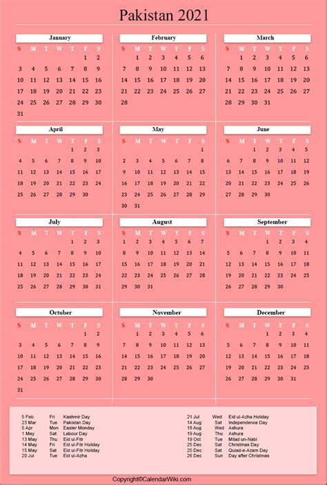 2021 Four Month Calendar With Pakistan Holidays Free Printable
