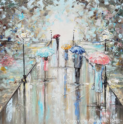 Original Art Abstract Painting Girl Umbrellas Trees Textured Blue Pink