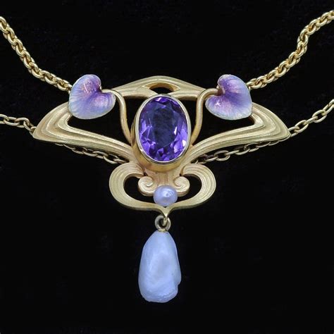 Antique Nouveau Pendant Necklace Krementz Enamel Amethyst Pearls 14k