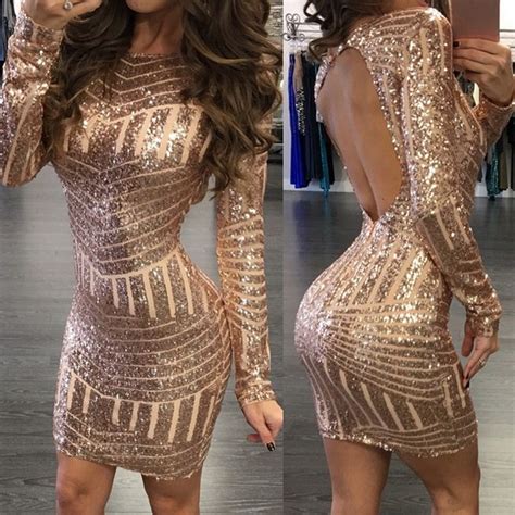 Backless Gold Sequin Long Sleeve Bodycon Mini Dress Rk In 2020 Long