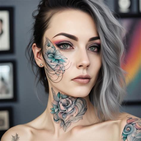 A Beautiful Woman Face With A Fine Lined Black And Grey Tattoo With