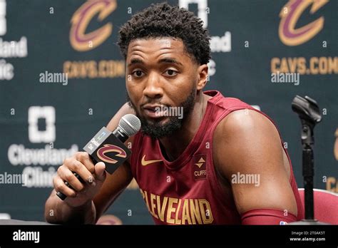 Cleveland Cavaliers guard Donovan Mitchell answers a question during at
