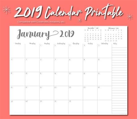 2019 Monthly Calendar Printable Planner Printable Digital Calendar