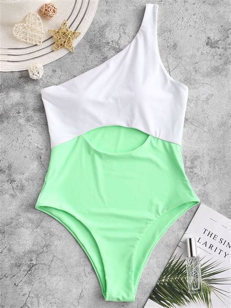 37 Off 2021 Zaful One Shoulder Cutout Color Block One Piece Swimsuit