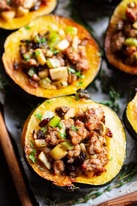 Stuffed Acorn Squash With Sausage Apples And Cranberries Paleo