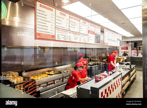 London- May 2023: Interior of a Five Guys burger chain restaurant in