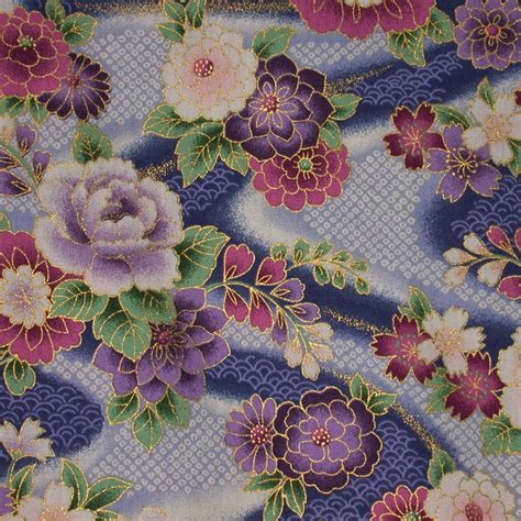 Kona Bay Blue With Purple Floral Cotton Print Fabric