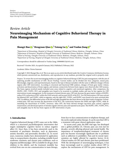 Pdf Neuroimaging Mechanism Of Cognitive Behavioral Therapy In Pain