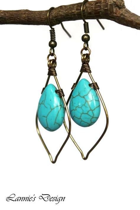 Turquoise Marquise Teardrop Dangling Earrings Antiqued Brass Etsy