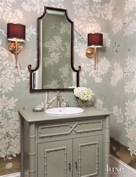 Eclectic Green Bathroom With Floral Wallpaper Luxe Interiors Design