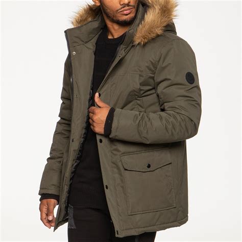 Mens Parka Faux Fur Trimmed Jacket Padded Coat Hooded Winter Warm Long