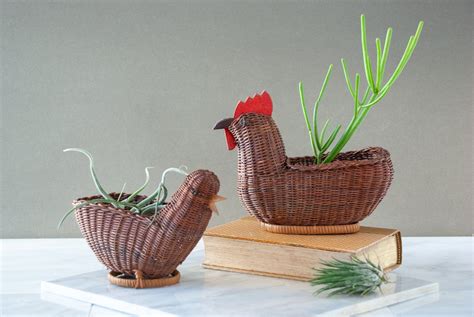 Pair Of Little Wicker Chicken Baskets Lil Rooster With Etsy In 2021 Rooster Plant Holders