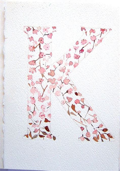 Letter K Painting Watercolor Blossomed Sakura On Letter Etsy Pink