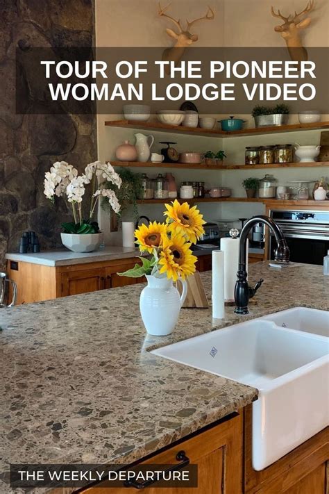 a look inside the kitchen and living room of the pioneer woman lodge as seen on ree drummond s