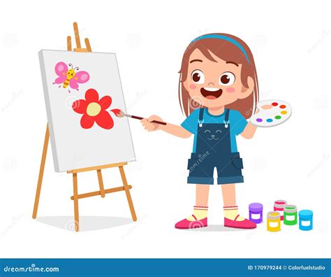 Happy Cute Little Kid Girl Draw On Canvas Stock Vector Illustration