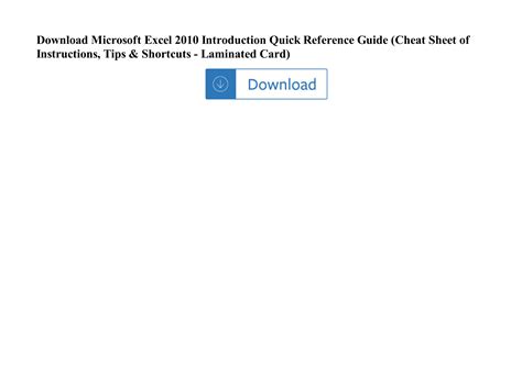 Microsoft Excel 2010 Introduction Quick Reference Guide Cheat Sheet Of