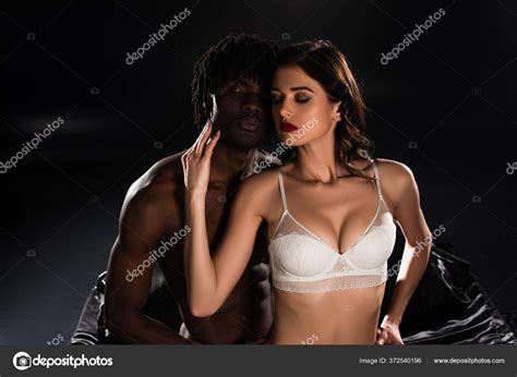 Passionate Interracial Couple Hugging Bed Dark Stock Photo By