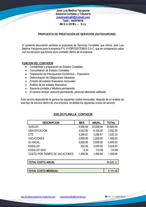 Outsourcing Contable Propuesta De Costo Asesoría Contable Y