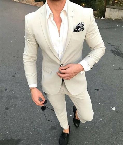 Men Beige Slim Fit Suit Groom Tuxedos Dinner Wedding Prom Casual Suit