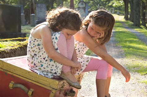 Two Sad Girls In A Cemetery Stock Photo Image Of Alone