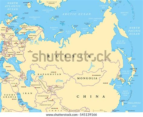 Eurasia Political Map Capitals National Borders Stock Vector Royalty
