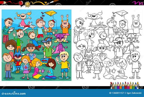 Playful Children Characters Coloring Book Stock Vector Illustration