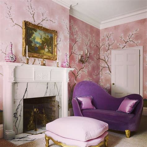 This modern wallpaper will introduce a fresh feel to your space, that can be styled in various ways to suit your desired theme. Pink handpainted Gracie wallpaper. | Dreamy living room ...