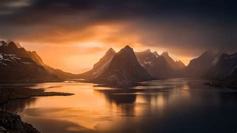 Nature Landscape Fjord Sunset Mountains Island Norway Sky Sea