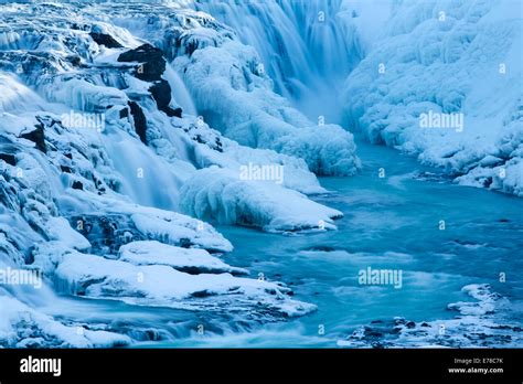 Gullfoss In Winter With The Frozen Waterfall In The Canyon Of Hvítá