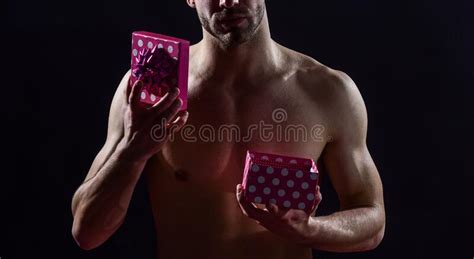 Muscular Macho Man With Naked Chest Hold Valentines Day Gift Box Love Stock Photo Image Of