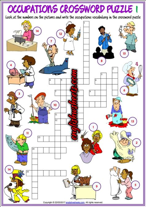 Jobs Occupations Professions Esl Printable Crossword Puzzle Worksheets
