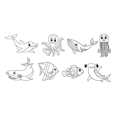 Premium Vector Set Of Cartoon Cute Sea Animals For Coloring Pages