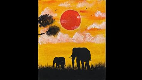 Acrylic Painting African Safari Sunset With Elephant 2